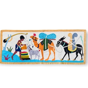 Antique 1920s Egyptian Revival Wall Hanging Quilt Tapestry Art Handmade Camel Donkey 42x17
