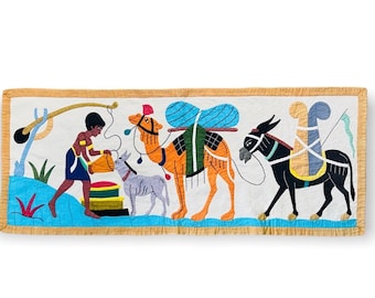 Antique 1920s Egyptian Revival Wall Hanging Quilt Tapestry Art Handmade Camel Donkey 42x17