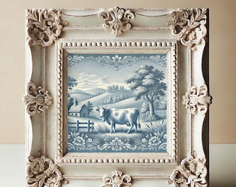 Blue Toile de Jouy Cow Print: French Farmhouse Pastoral Art (Digital Download)