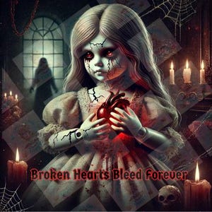 Poupée hantée gothique PNG, effrayant coeur brisé Clipart numérique en téléchargement, illustration de poupée effrayante art horreur pour Halloween ou décoration sombre