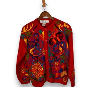 Vintage 80s Embroidered Cardigan: Red Ramie Cotton Knit, Rhinestone Accents