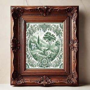 Grönt Toile-tryck: Vintage fransk lantlig bondgårdsscen (digital nedladdning)