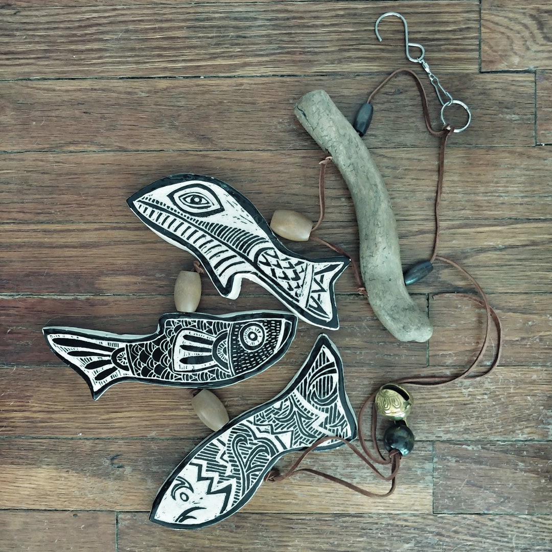 Light Ceramic Fish Mobile W Bell Etsy