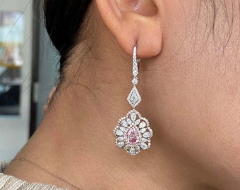 ELEGANT! Natural Pink Diamond 18K Solid WHITE Gold Handmade Earrings - Natural And Certified