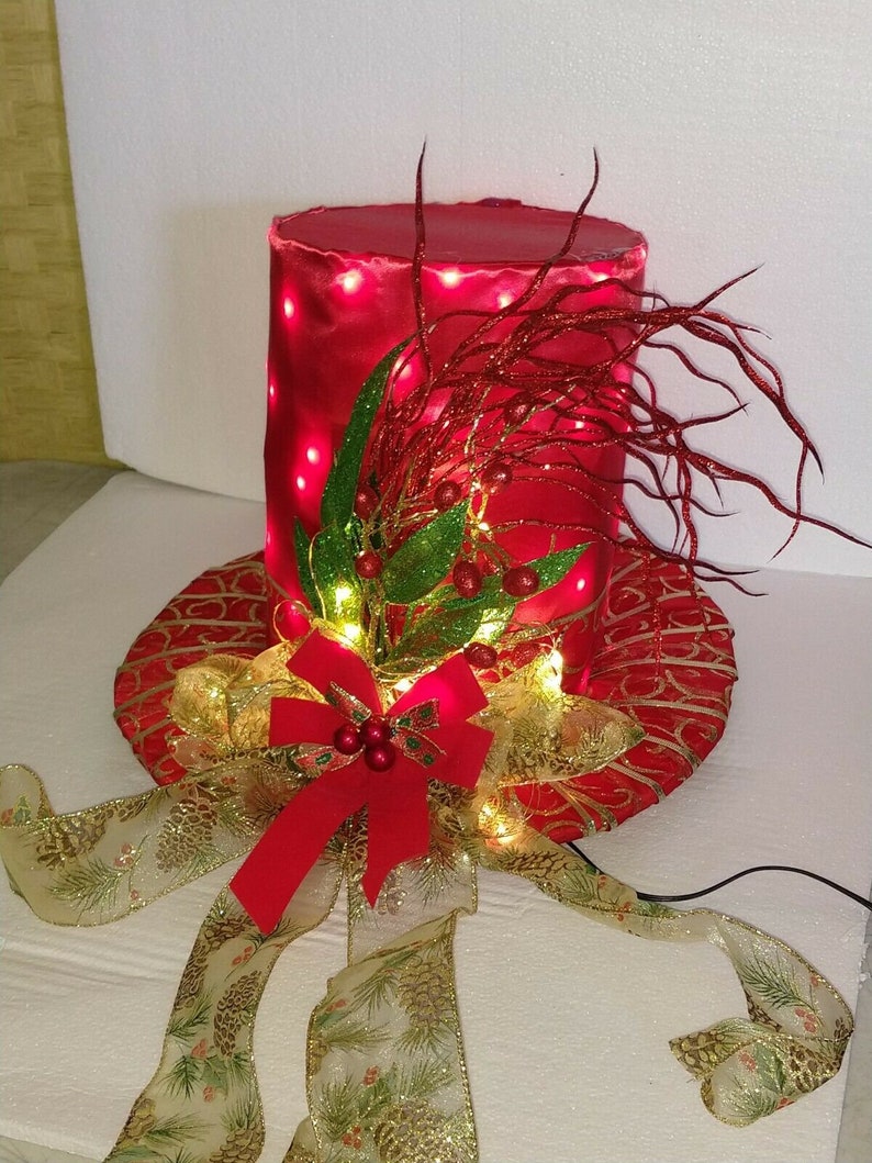 Large LIGHTED Top Hat Christmas Tree Topper red/gold and Bow Etsy