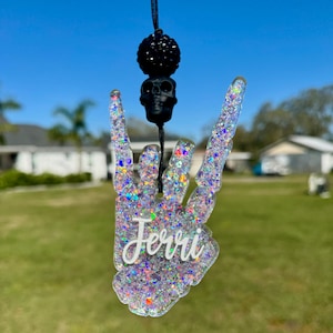 Personalized Skeleton Rocker Hand Car Charm | Rock n’ Roll Rearview Mirror Accessory | Skull Hand Car Decor | Edgy Custom Car Charm | Mama