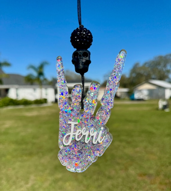 Personalized Skull Car Charm: Rock On Hand Rearview Mirror Decor