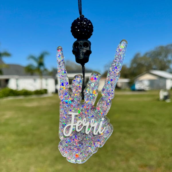 Personalized Skull Car Charm: Rock On Hand Rearview Mirror Decor