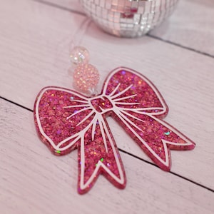Pink Glitter Bow Car Charm: Coquette Rearview Mirror Accessory