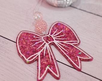 Pink Glitter Bow Car Charm: Coquette Rearview Mirror Accessory