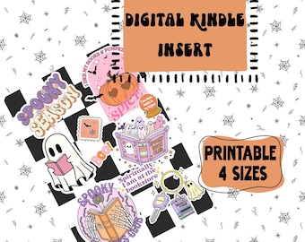 Peut inclure: Ensemble d'autocollants numériques sur le thème d'Halloween avec des textes tels que "Spooky Season", "Digital Kindle Insert" et "Printable 4 Sizes". Les autocollants présentent des fantômes, des citrouilles et des livres.