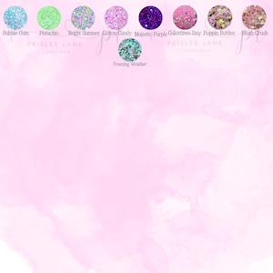 May include: Nine circular samples of decorative glitter in various colours and textures, labelled Bubble Gum, Pistachio, Bright Summer, Cotton Candy, Majestic Purple, Galentines Day, Poppin Bottles, Blush Crush, and Freezing Weather by Paislee Lane.