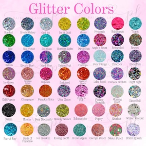 May include: A colour chart titled Glitter Colours featuring a grid of 56 circular glitter samples in various hues and textures. Each circle is labelled with a unique name such as Stardust, Pot of Gold, Bubblegum, Jade, and others, arranged in eight rows.