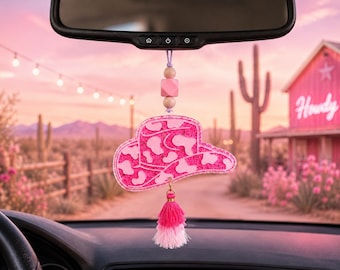Cowgirl Hat Car Charm: Pink Rearview Mirror Accessory