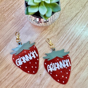 Strawberry Personalized Backpack Tag • Custom Name Bag Tag for Kids • Cute School Bag Charm • Girls Luggage Tag • Summer Backpack Accessory
