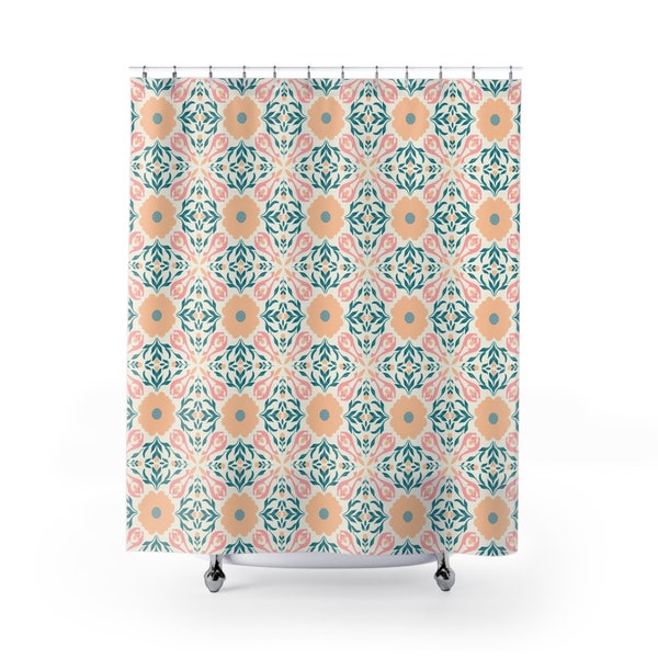 Modern Moroccan Tile in Orange, Pink and Teal Shower Curtains