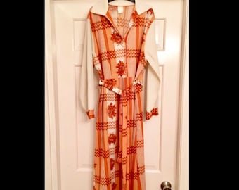 60s Orange Cream Maxi Dress UK Size 12-14