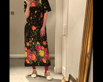 70s Black and Vibrant Floral Maxi Dress Size UK 10