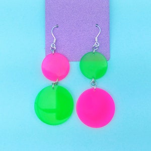 80s Neon Sterling Silver Earring, Pink Green Fluorescent Circle Jewelry, Glass Resin Eighties Geometric Earrings