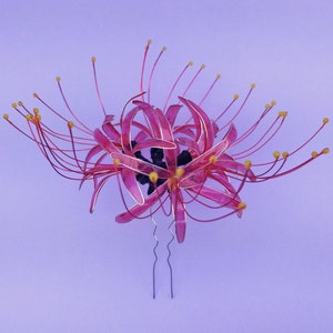 Spider Lily Silver Plated Hair Pin, Red Black Yellow Flower Jewelry, Glass Resin Lycoris Radiata Asymmetrical Statement Hair Accessory