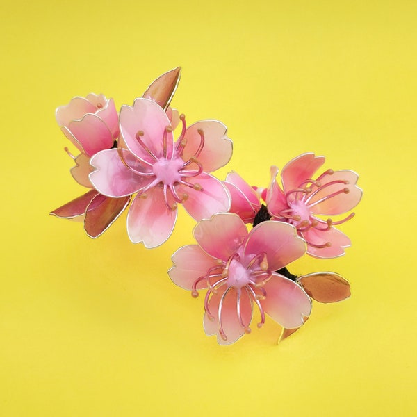 Sakura Silver Bracelet, Pink White Flower Jewelry, Glass Resin Cherry Blossom Earrings