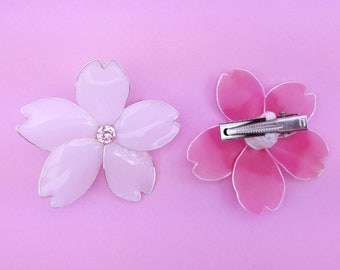 Cherry Blossom Silver Hair Clip, Pink White Flower Accessory, Glass Resin Sakura Hair Pin