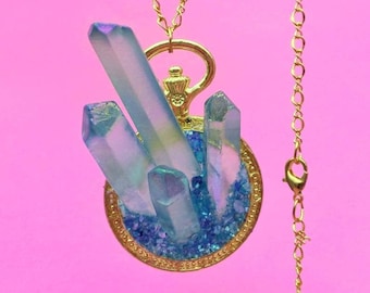 Aqua Aura Quartz Necklace, Sky Blue Crystal Gold Necklace, Stone Jewellery, Rainbow Quartz Pendant, Ocean Blue Stone Gold Necklace