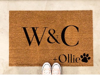 Custom doormat-animal lover-dog lover-dog family-Monogram door mat- Custom welcome mat-personalized doormat-Personalized gift- 'W&C' style