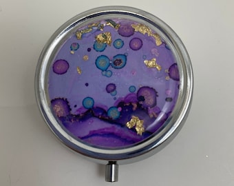 Purple Planets Pill Box, Stash Box, Pillbox, Med minder, Metal Pill Box, Round Metal Pill Box, Med Box, Alcohol Ink Pillbox, Pill Organizer