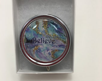 BELIEVE PILLBOX, stash box, pillbox, custom design, pill container, pill organizer, custom art, paint pour pillbox, pill case, art