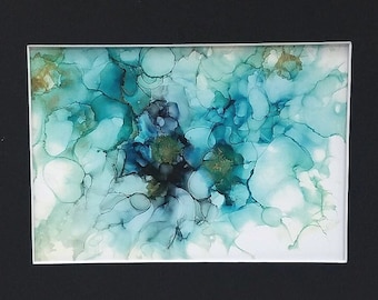 TURQUOISE HYDRANGEA Alcohol Ink Art with Mat, Artist Signed, Original Art Print, Wall Art, Abstract Alcohol Ink, Home Decor Handmade USA