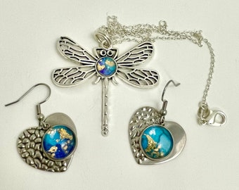 DRAGONFLY JEWELRY set, paint pour jewelry, fluid art jewelry, original art, acrylic art jewelry, hand painted art, paint pour art, art gift