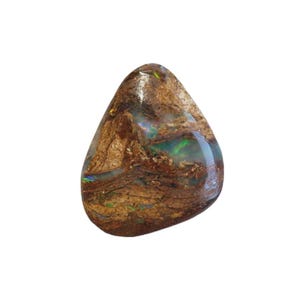 May include: A polished, teardrop-shaped boulder opal gemstone featuring a textured, earthy brown matrix with prominent veins of iridescent play-of-color. The stone displays flashes of vibrant green, blue, and gold light across its surface.