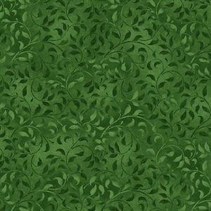 May include: A seamless green fabric with a repeating pattern of stylized leaves and vines.