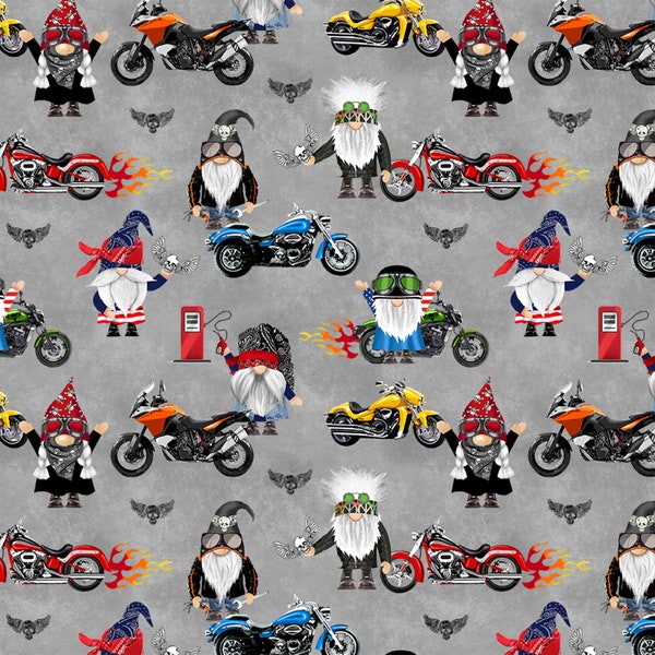 Biker Gnomes on Gray, Bad to The Gnome Collection from Timeless Treasure, Back in Stock, 100% Cotton Fabric