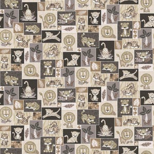 May include: A seamless pattern featuring a variety of jungle animals, including lions and leopards, in a repeating pattern. The animals are depicted in a cartoon style and are surrounded by leaves and other jungle elements. The background is a light beige color.
