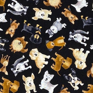 Tossed Dogs, Timeless Treasure DOG-CD3318 negro, perros pequeños de varias razas en negro, perfecto para billeteras, adornos, colchas, etc. 100% algodón