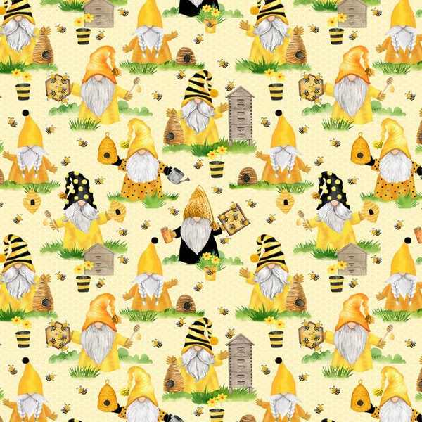 Bee Keeper Gnomes, Cotton Digital Print, By Gail Cadden for Timeless Treasure, Pattern CD-1848 Yellow Back in Stock