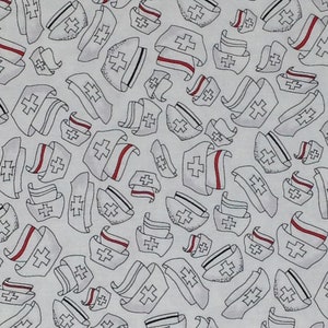 Happy Hats White , Nurse hats, Medical theme 100% cotton fabric by Loralie Designs