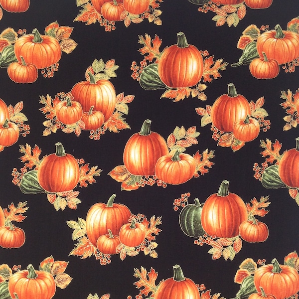 Autumn Elegance By Banartex in Holiday Collection, Pumpkins allover w/gold Metallic on Black, What A Beautiful Holiday Print! 100% Cotton