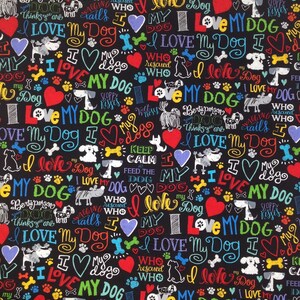 May include: A black background with colorful text and illustrations of dogs. The text includes phrases like "I love my dog", "Who rescued who", "Keep calm and feed the dog", and "Wagging tails".