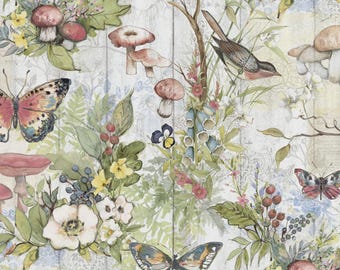 May include: A watercolor illustration featuring a repeating pattern of mushrooms, butterflies, flowers, and a bird against a light wood-grain background. The color palette includes shades of pink, green, yellow, and blue, creating a whimsical, nature-inspired design.