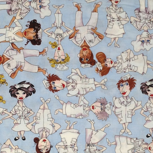 Blue Tossed Nurses by Loralie Designs, 100% cotton fabric, Medical Theme