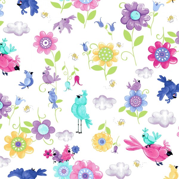 Adorable Nursery/Baby Print, White Birds and Flowers from SusieBee & Clothworks, 100% Cotton Fabric