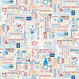 May include: Seamless pattern with medical-themed elements. Includes text like "Health," "Nurse," and "RX," along with illustrations of medical tools, gnomes, and hearts. A repeating design in red, blue, and white.