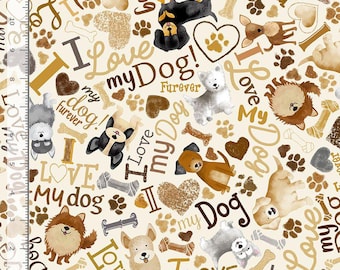 Tossed Dogs & Words Quilting Fabric, Cream Cotton, Dog Lover Print