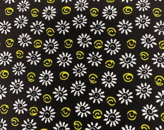 Floral Print Cotton Fabric, White and Yellow Flowers, Black Background, sold by the yard