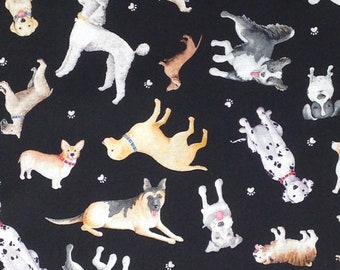 Dog Breeds Print Fabric, Black Cotton Material, sold by the yard