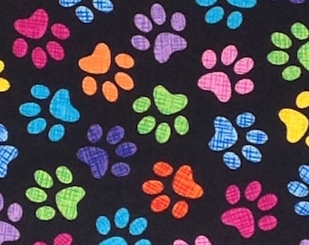 Timeless Treasure Multi Color Paws on Black, 100% cotton quilting fabric, Pet theme fabric, Dog or cat fabric