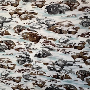 May include: Fabric with a repeating pattern of rocks and snow. The rocks are various shades of brown, gray, and white, with patches of snow and light blue water. The overall effect is a winter landscape.